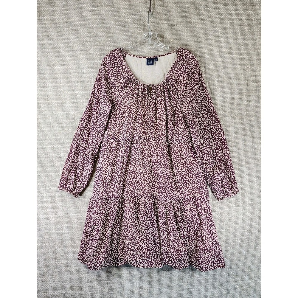 Gap Boho Tiered Cotton Gauze Dress Womens MT Tall Purple Cream Splotch Tie Neck - Picture 1 of 12